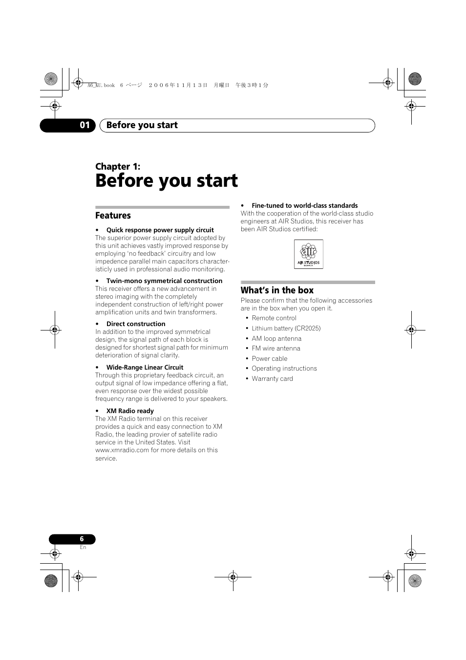 01 before you start, Features, What’s in the box | Before you start, Before you start 01, Chapter 1 | Pioneer ELITE SX-A6-J User Manual | Page 6 / 24