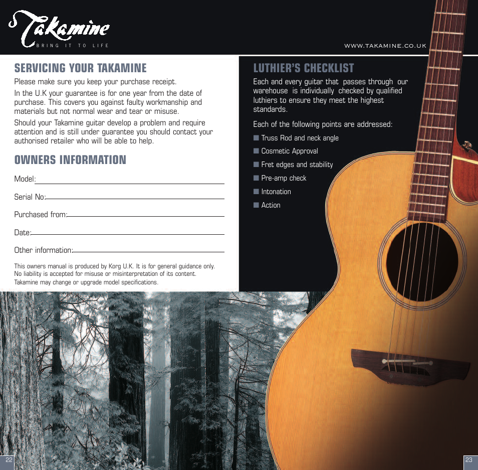 Servicing your takamine, Owners information, Luthier’s checklist | Pioneer CT4-B User Manual | Page 12 / 12