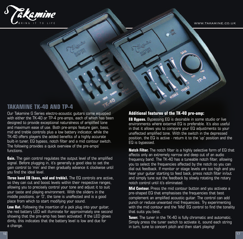 Takamine tk-40 and tp-4, Additional features of the tk-40 pre-amp | Pioneer CT4-B User Manual | Page 9 / 12