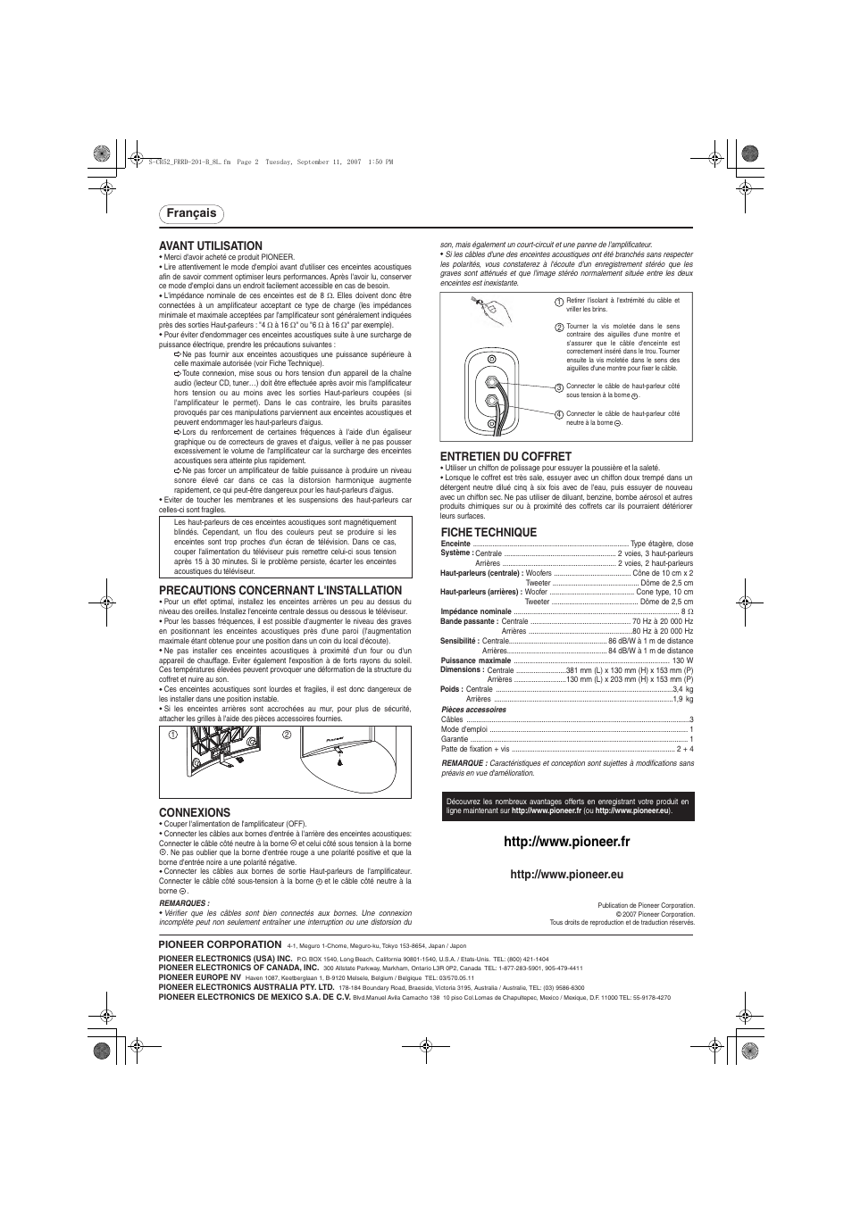 Français entretien du coffret, Avant utilisation, Precautions concernant l'installation | Connexions, Fiche technique | Pioneer S-CR52-QL User Manual | Page 2 / 8