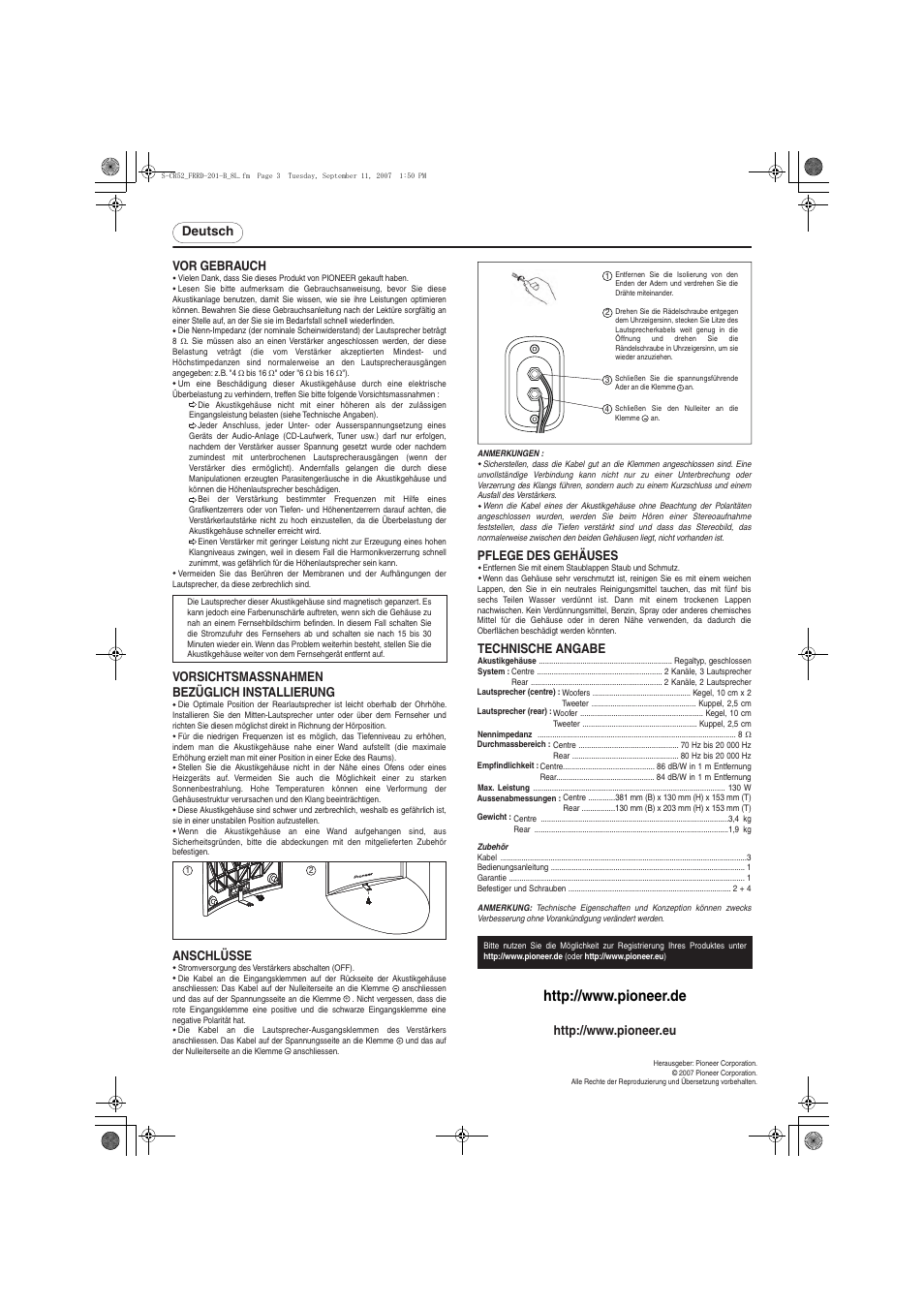 Deutsch vor gebrauch, Vorsichtsmassnahmen bezüglich installierung, Pflege des gehäuses | Anschlüsse, Technische angabe | Pioneer S-CR52-QL User Manual | Page 3 / 8