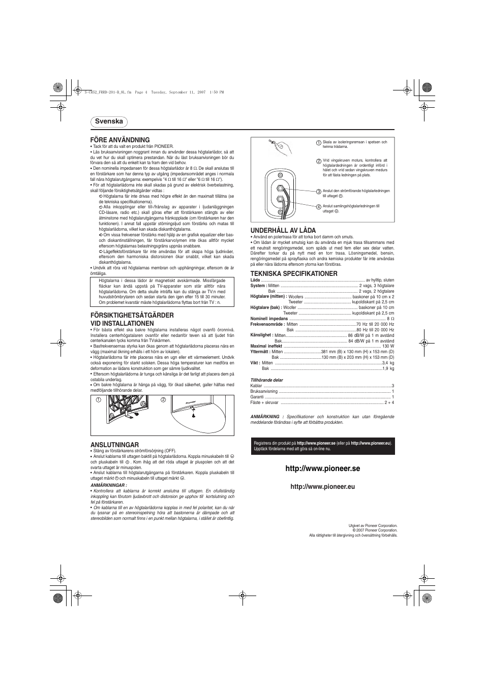 Svenska före användning, Försiktighetsåtgärder vid installationen, Underhåll av låda | Anslutningar, Tekniska specifikationer | Pioneer S-CR52-QL User Manual | Page 4 / 8