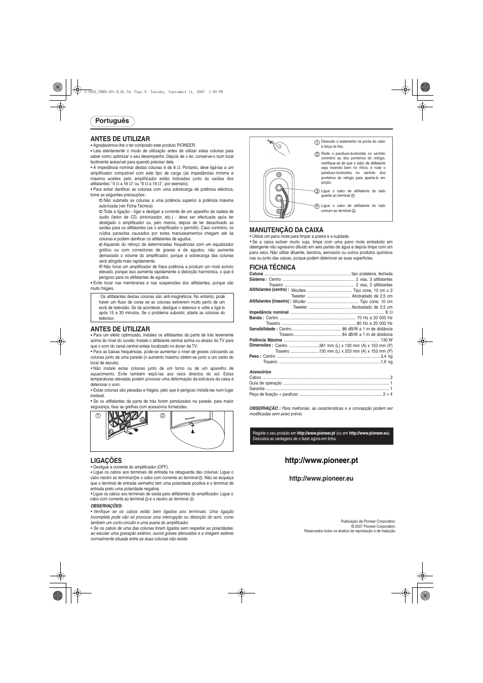 Português antes de utilizar, Antes de utilizar, Manutenção da caixa | Ligações, Ficha técnica | Pioneer S-CR52-QL User Manual | Page 6 / 8