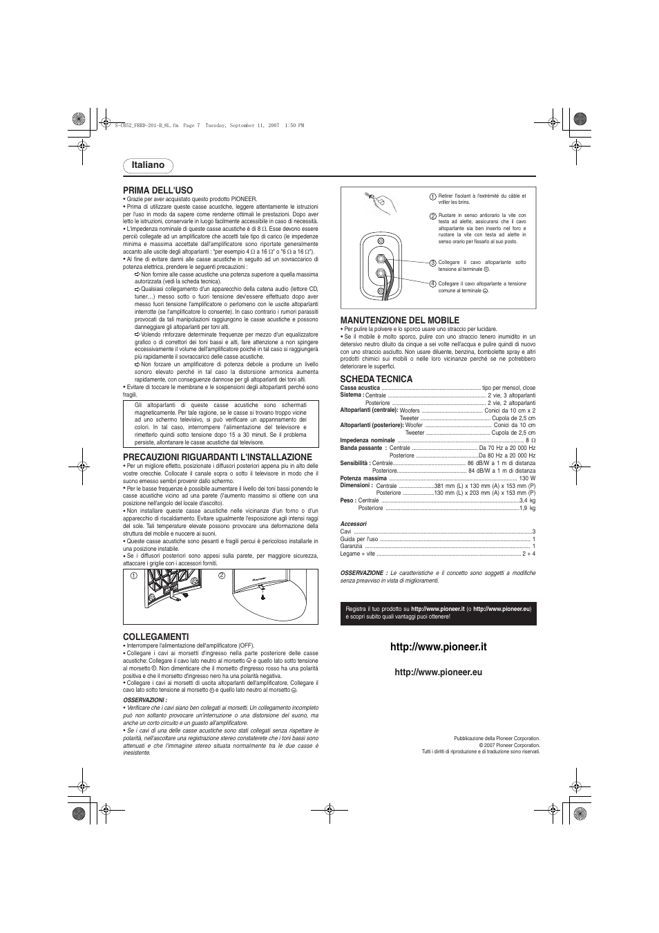 Italiano prima dell'uso, Manutenzione del mobile, Precauzioni riguardanti l'installazione | Collegamenti, Scheda tecnica | Pioneer S-CR52-QL User Manual | Page 7 / 8