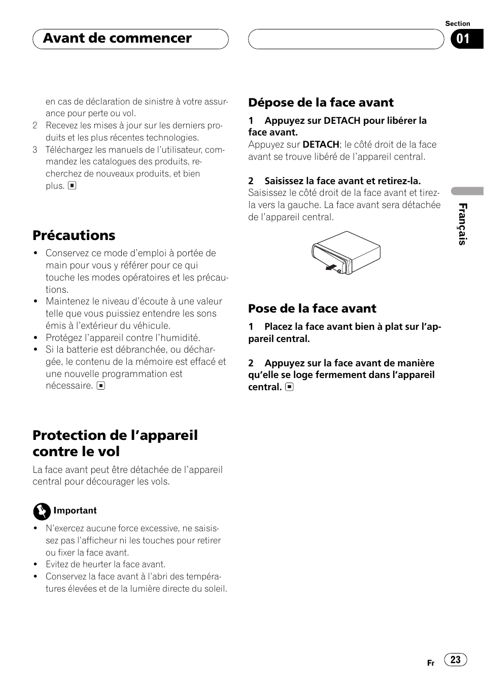 Dépose de la face avant 23, Pose de la face avant 23, Précautions | Protection de lappareil contre le vol, Avant de commencer | Pioneer DEH-1 User Manual | Page 23 / 56