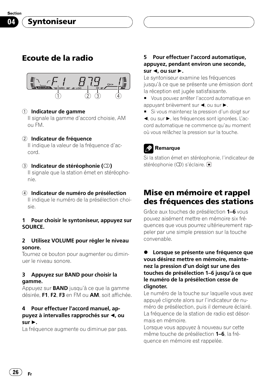 Des stations 26, Ecoute de la radio, Syntoniseur | Pioneer DEH-1 User Manual | Page 26 / 56
