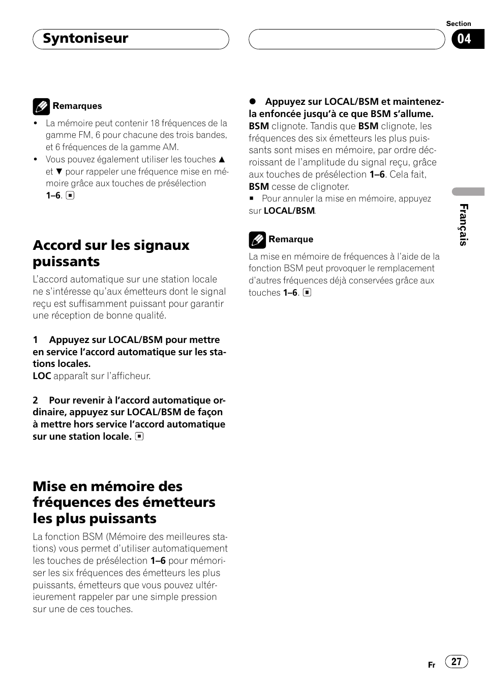 Émetteurs les plus puissants 27, Accord sur les signaux puissants, Syntoniseur | Pioneer DEH-1 User Manual | Page 27 / 56