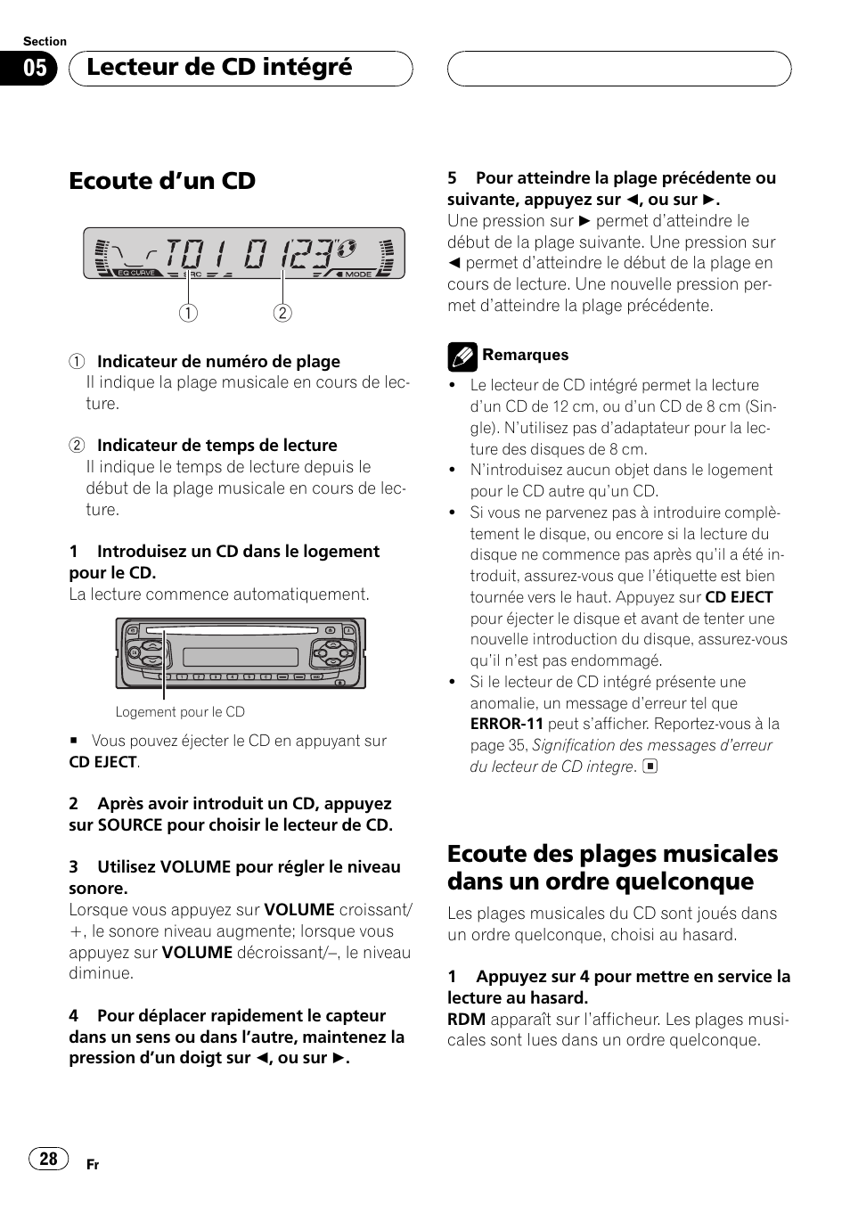 Quelconque 28, Ecoute dun cd, Lecteur de cd intégré | Pioneer DEH-1 User Manual | Page 28 / 56