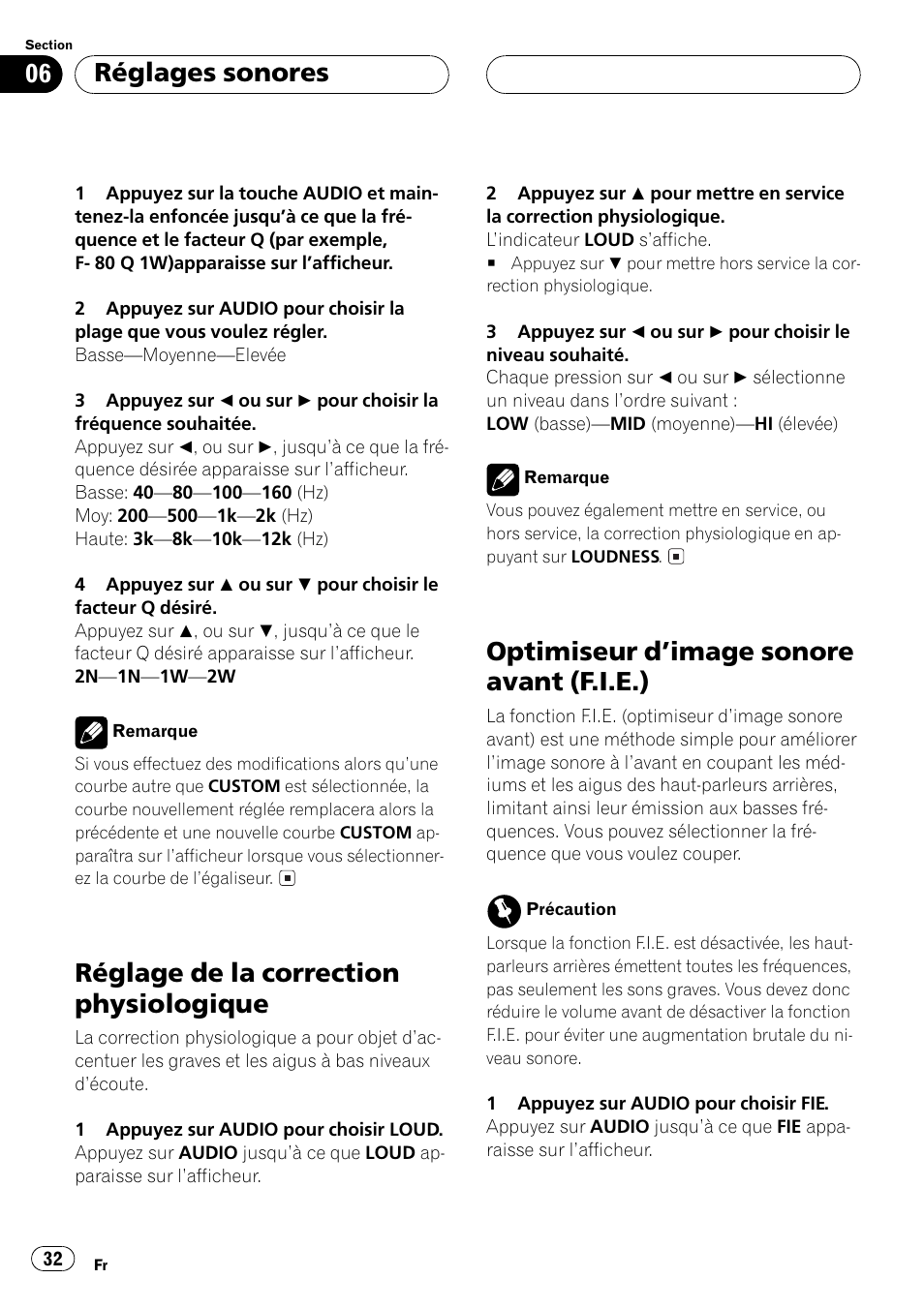 Réglage de la correction physiologique, Optimiseur dimage sonore avant (f.i.e.), Réglages sonores | Pioneer DEH-1 User Manual | Page 32 / 56
