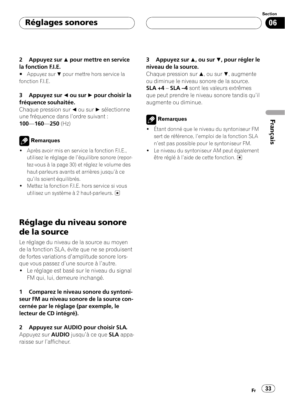 Réglage du niveau sonore de la source 33, Réglage du niveau sonore de la source, Réglages sonores | Pioneer DEH-1 User Manual | Page 33 / 56