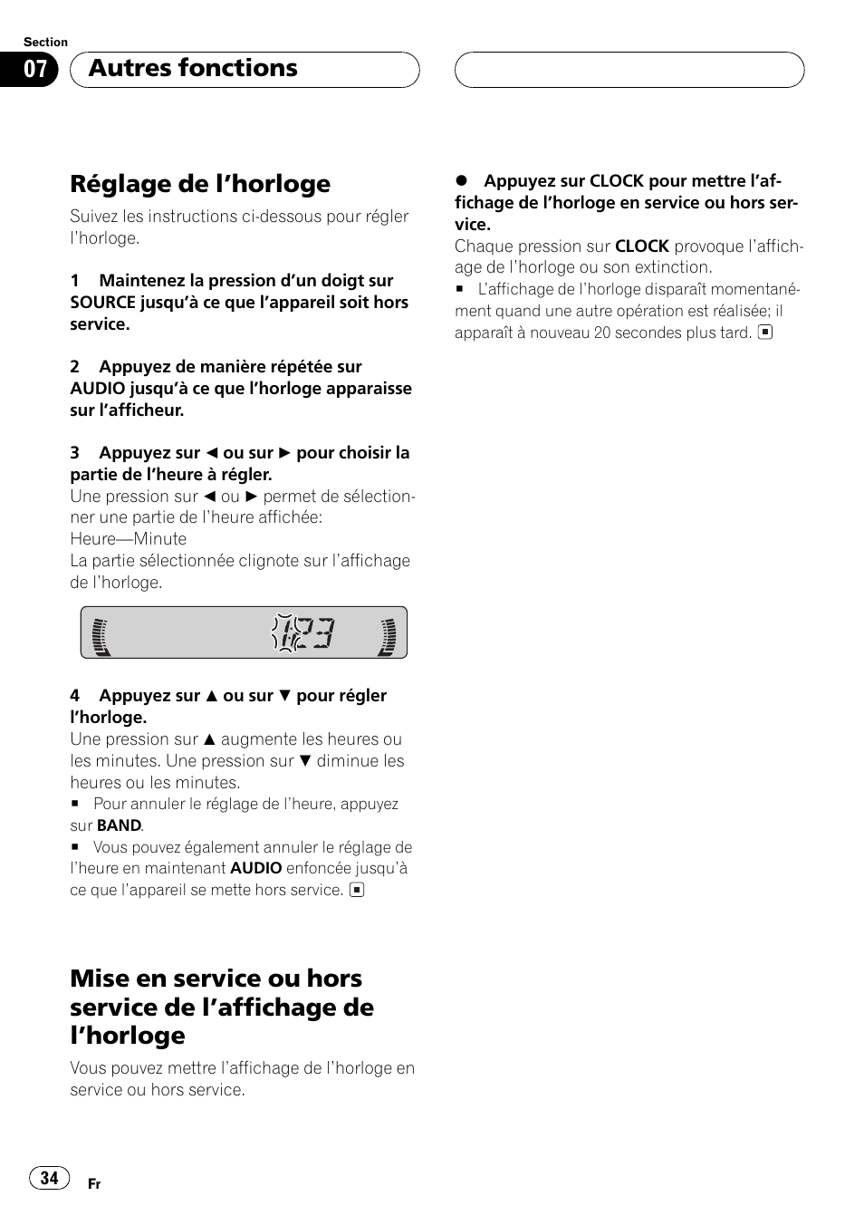 De lhorloge 34, Réglage de lhorloge, Autres fonctions | Pioneer DEH-1 User Manual | Page 34 / 56