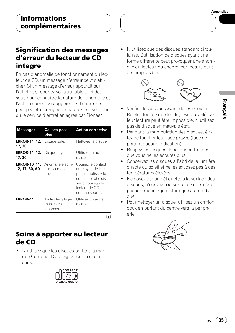 Lecteur de cd integre 35, Soins à apporter au lecteur de cd 35, Soins à apporter au lecteur de cd | Informations complémentaires | Pioneer DEH-1 User Manual | Page 35 / 56