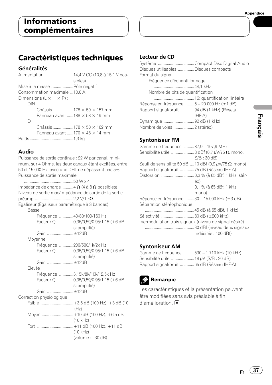Caractéristiques techniques 37, Caractéristiques techniques, Informations complémentaires | Français | Pioneer DEH-1 User Manual | Page 37 / 56