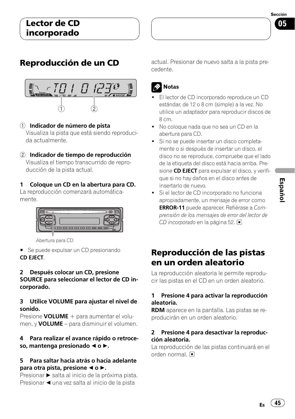 Aleatorio 45, Reproducción de un cd, Reproducción de las pistas en un orden aleatorio | Lector de cd incorporado | Pioneer DEH-1 User Manual | Page 45 / 56