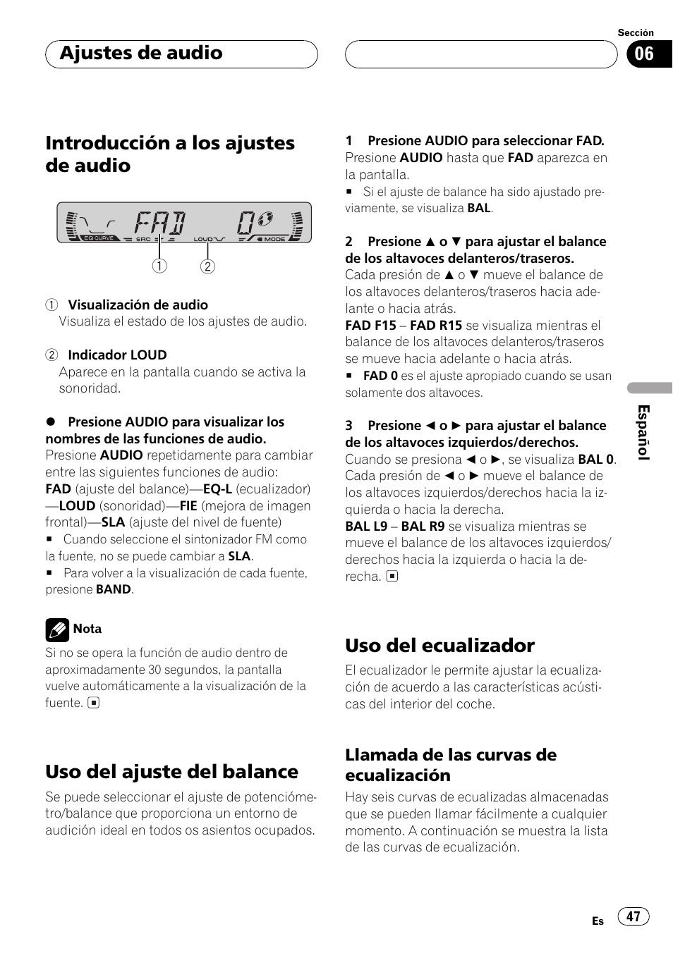 Llamada de las curvas de, Ecualización 47, Introducción a los ajustes de audio | Uso del ajuste del balance, Uso del ecualizador, Ajustes de audio | Pioneer DEH-1 User Manual | Page 47 / 56