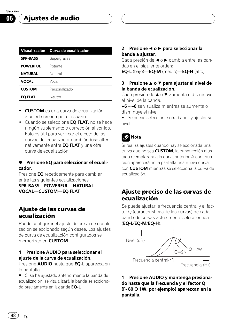 Ajuste de las curvas de, Ecualización 48, Ajuste preciso de las curvas de | Ajustes de audio, Ajuste de las curvas de ecualización, Ajuste preciso de las curvas de ecualización | Pioneer DEH-1 User Manual | Page 48 / 56