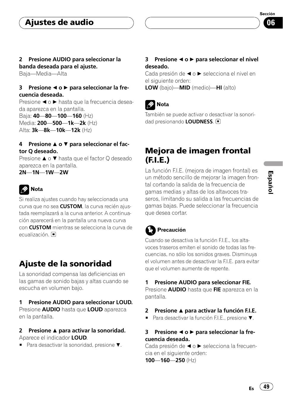 Ajuste de la sonoridad, Mejora de imagen frontal (f.i.e.), Ajustes de audio | Pioneer DEH-1 User Manual | Page 49 / 56