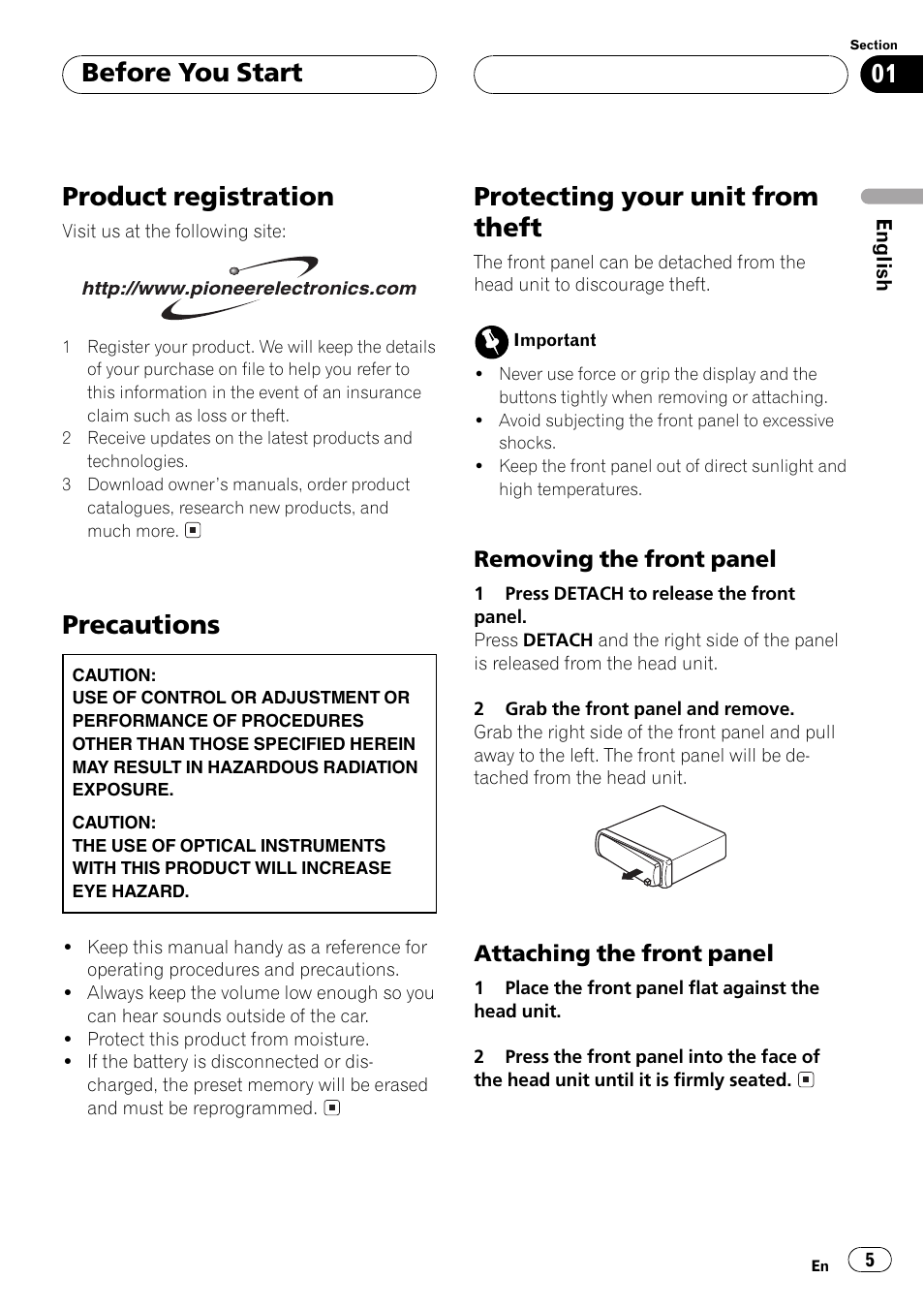 Removing the front panel 5, Attaching the front panel 5, Product registration | Precautions, Protecting your unit from theft, Before you start | Pioneer DEH-1 User Manual | Page 5 / 56