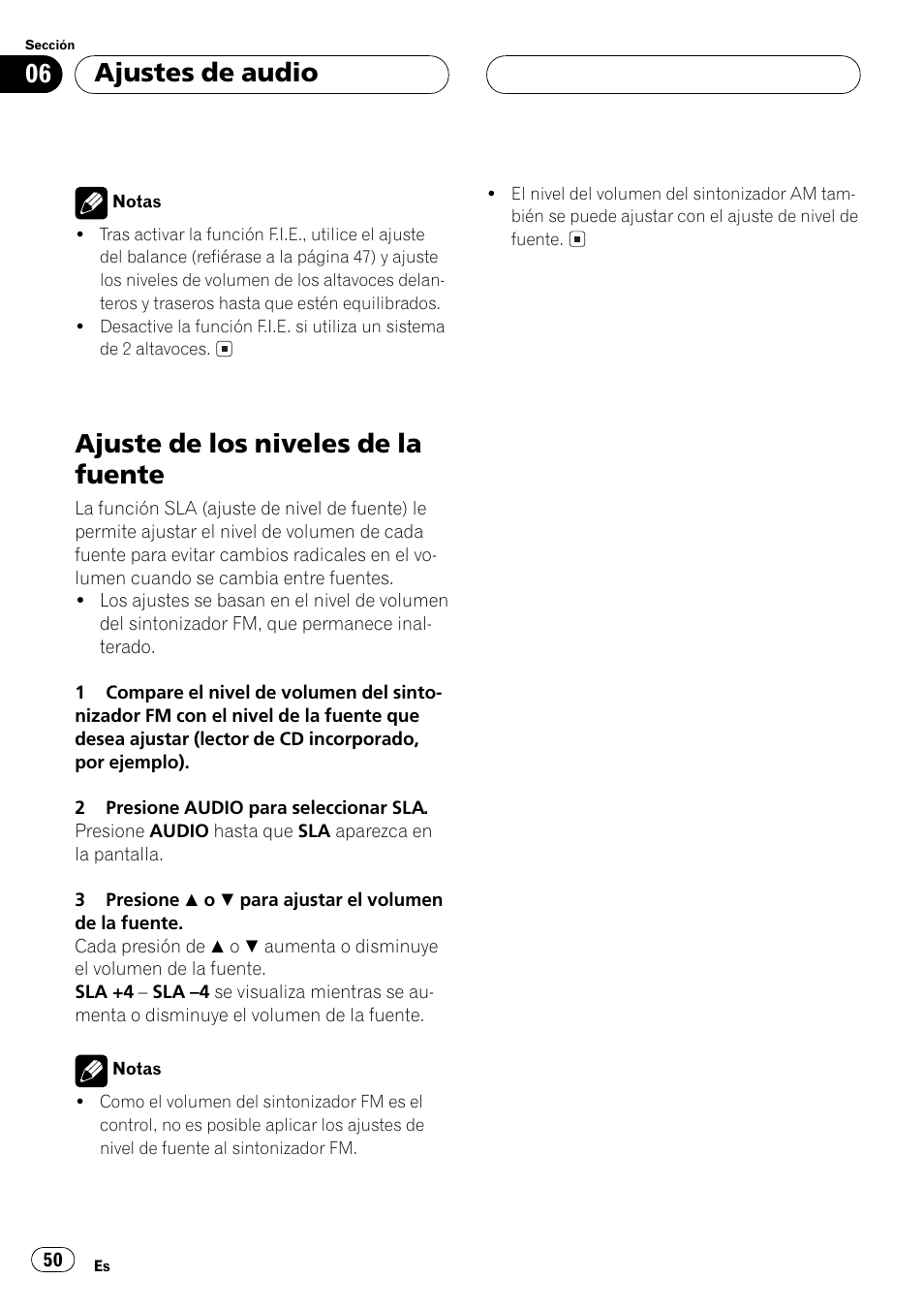 Ajuste de los niveles de la fuente 50, Ajuste de los niveles de la fuente, Ajustes de audio | Pioneer DEH-1 User Manual | Page 50 / 56