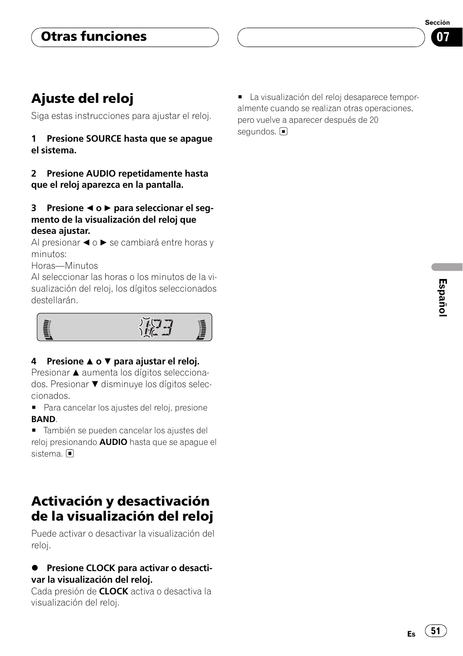Del reloj 51, Ajuste del reloj, Otras funciones | Pioneer DEH-1 User Manual | Page 51 / 56