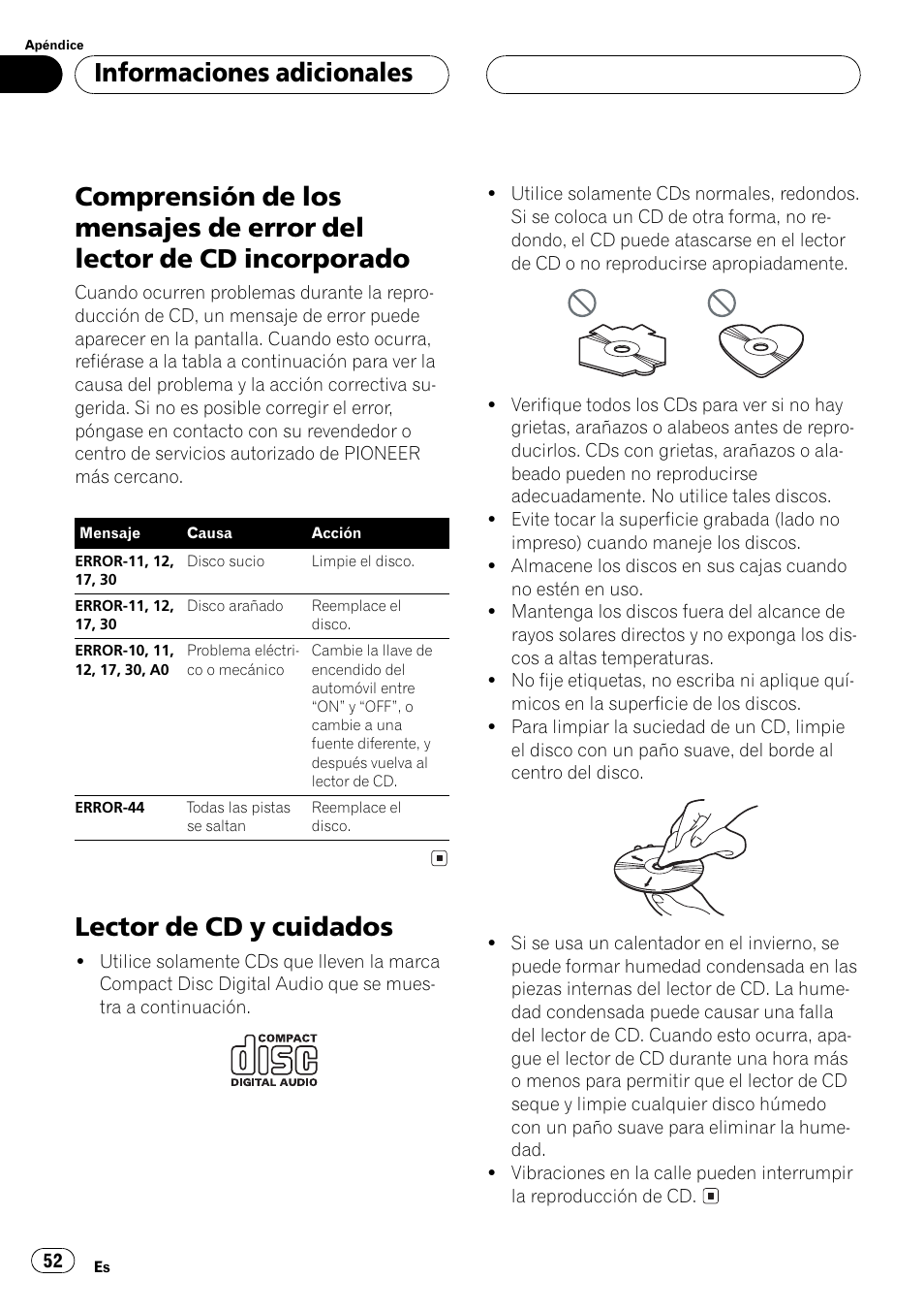 Lector de cd incorporado 52, Lector de cd y cuidados 52, Lector de cd y cuidados | Informaciones adicionales | Pioneer DEH-1 User Manual | Page 52 / 56