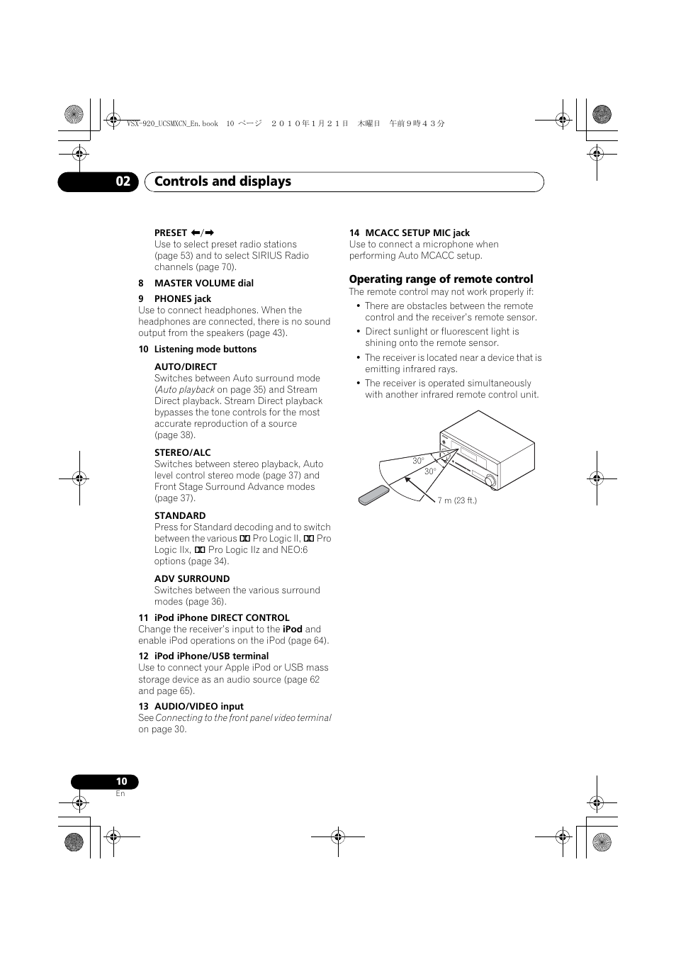 Operating range of remote control, Controls and displays 02 | Pioneer VSX 920 User Manual | Page 10 / 160