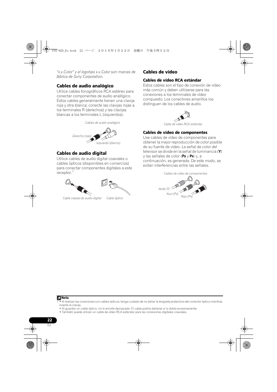 Cables de audio analógico, Cables de audio digital, Cables de vídeo | Pioneer VSX 920 User Manual | Page 100 / 160