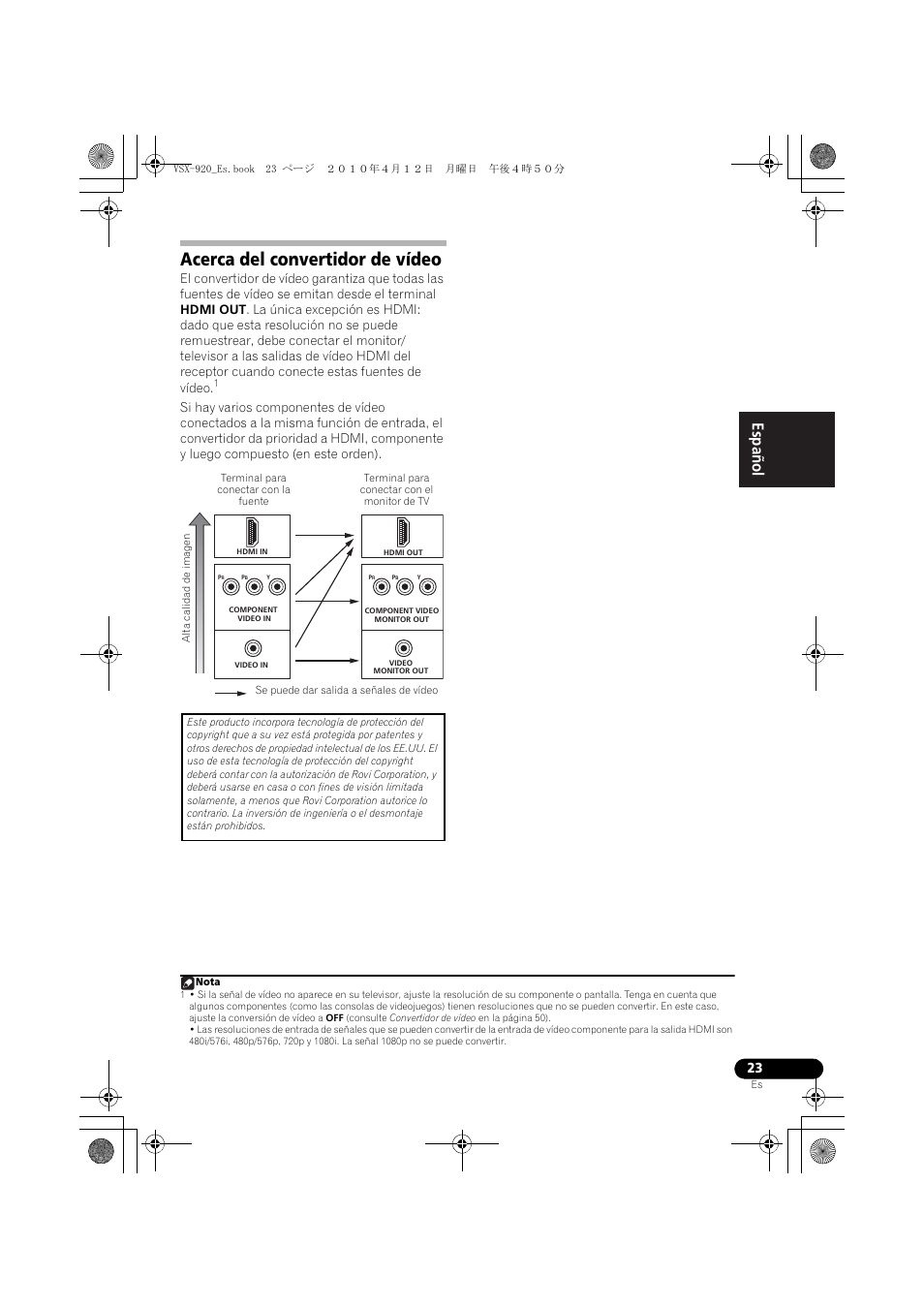 Acerca del convertidor de vídeo, English español | Pioneer VSX 920 User Manual | Page 101 / 160