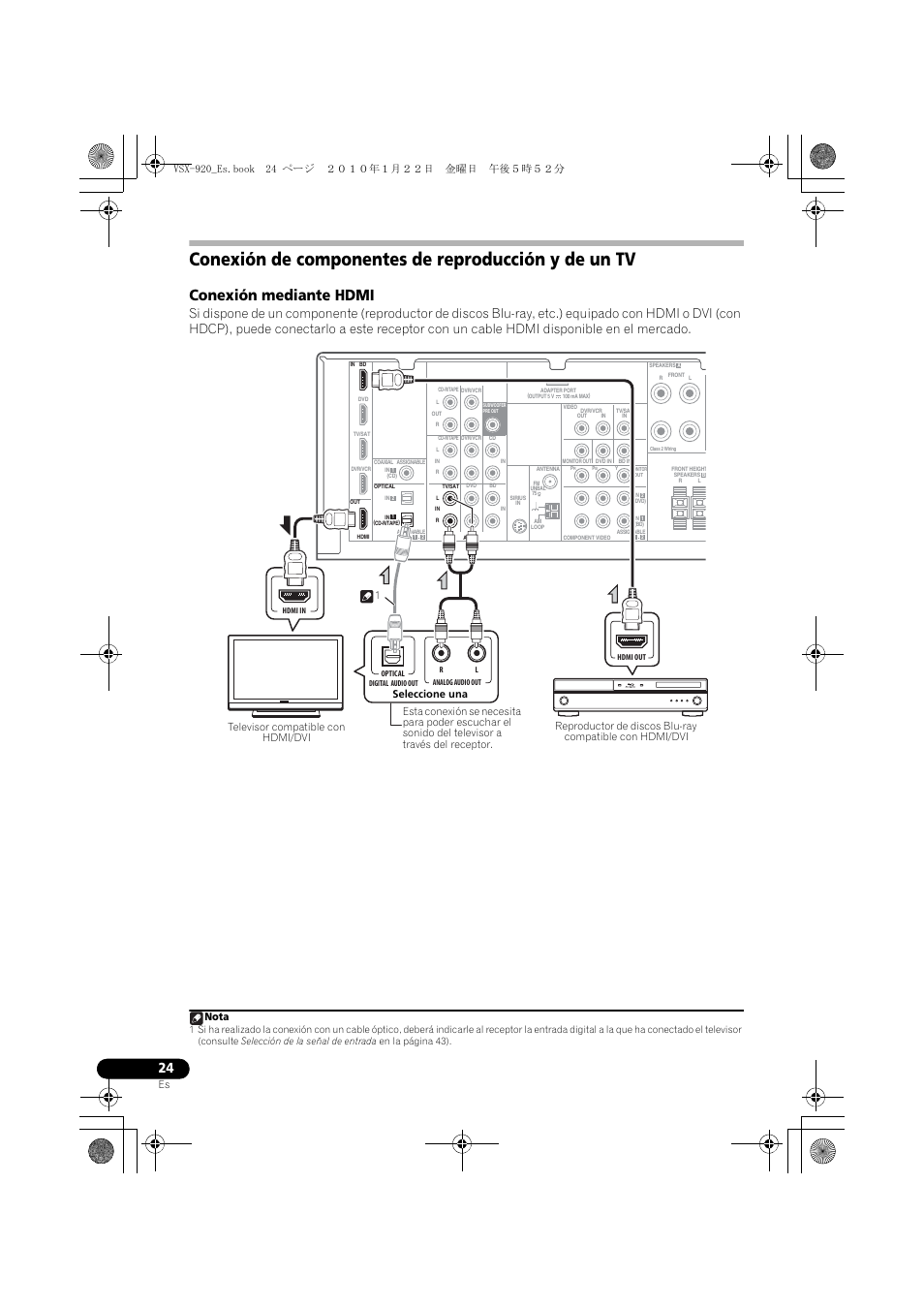 Conexión de componentes de reproducción y de un tv, Conexión mediante hdmi, Nota | Pioneer VSX 920 User Manual | Page 102 / 160