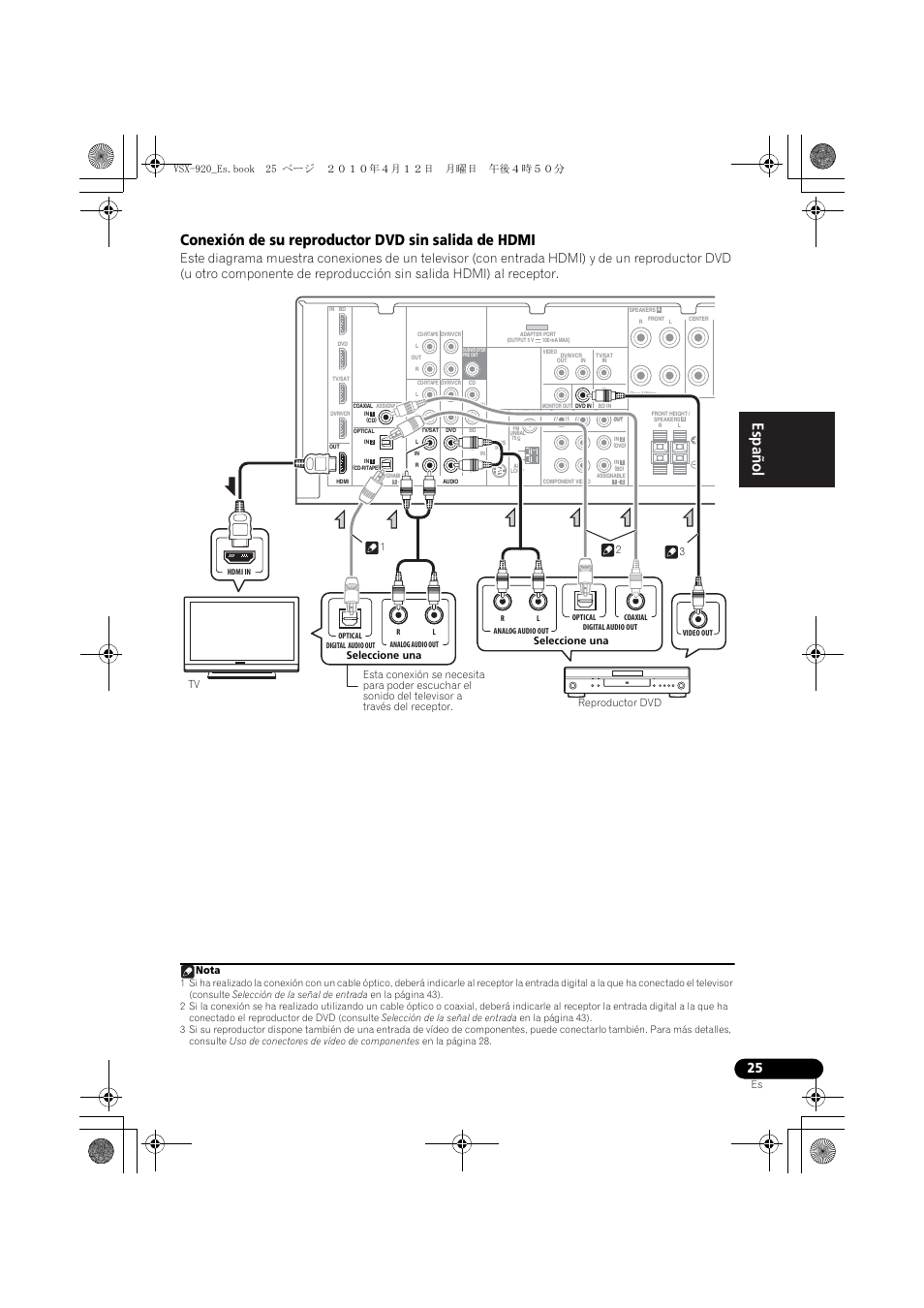 Conexión de su reproductor dvd sin salida de hdmi, English español, Nota | Pioneer VSX 920 User Manual | Page 103 / 160