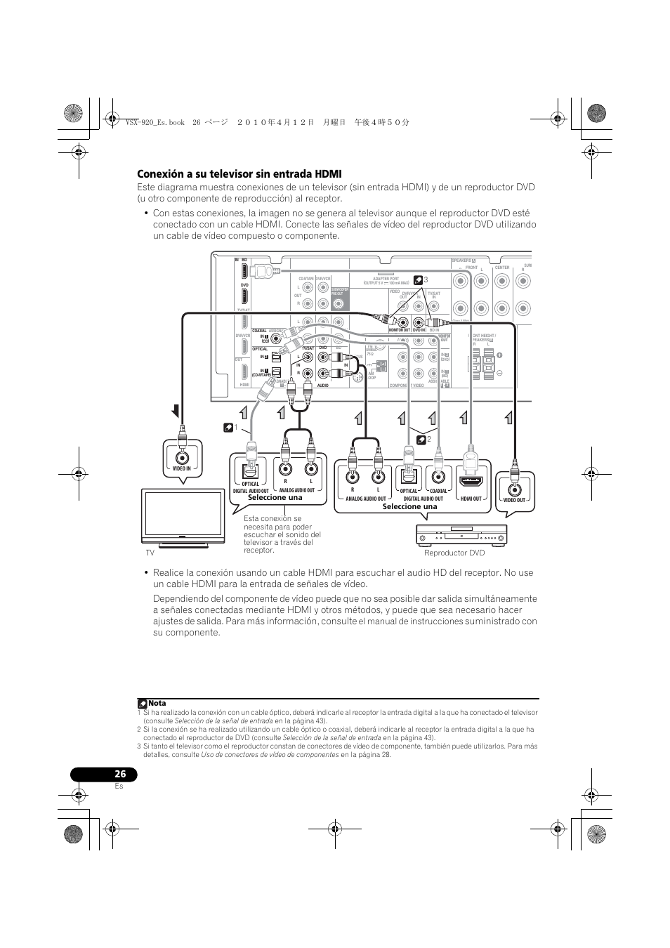 Conexión a su televisor sin entrada hdmi, Suministrado con su componente, El manual de instrucciones | Nota | Pioneer VSX 920 User Manual | Page 104 / 160