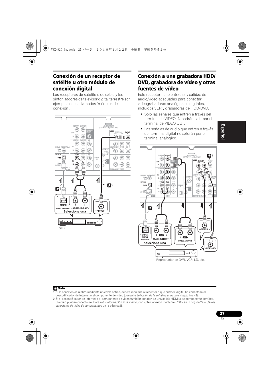 English español, Nota, Seleccione una stb 2 1 | Pioneer VSX 920 User Manual | Page 105 / 160