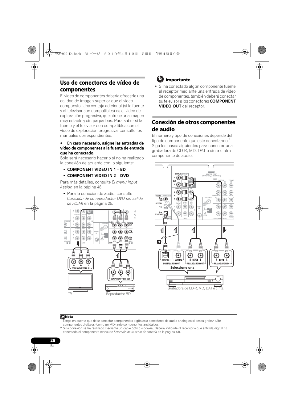 Uso de conectores de vídeo de componentes, Conexión de otros componentes de audio, Reproductor bd tv nota | Pioneer VSX 920 User Manual | Page 106 / 160
