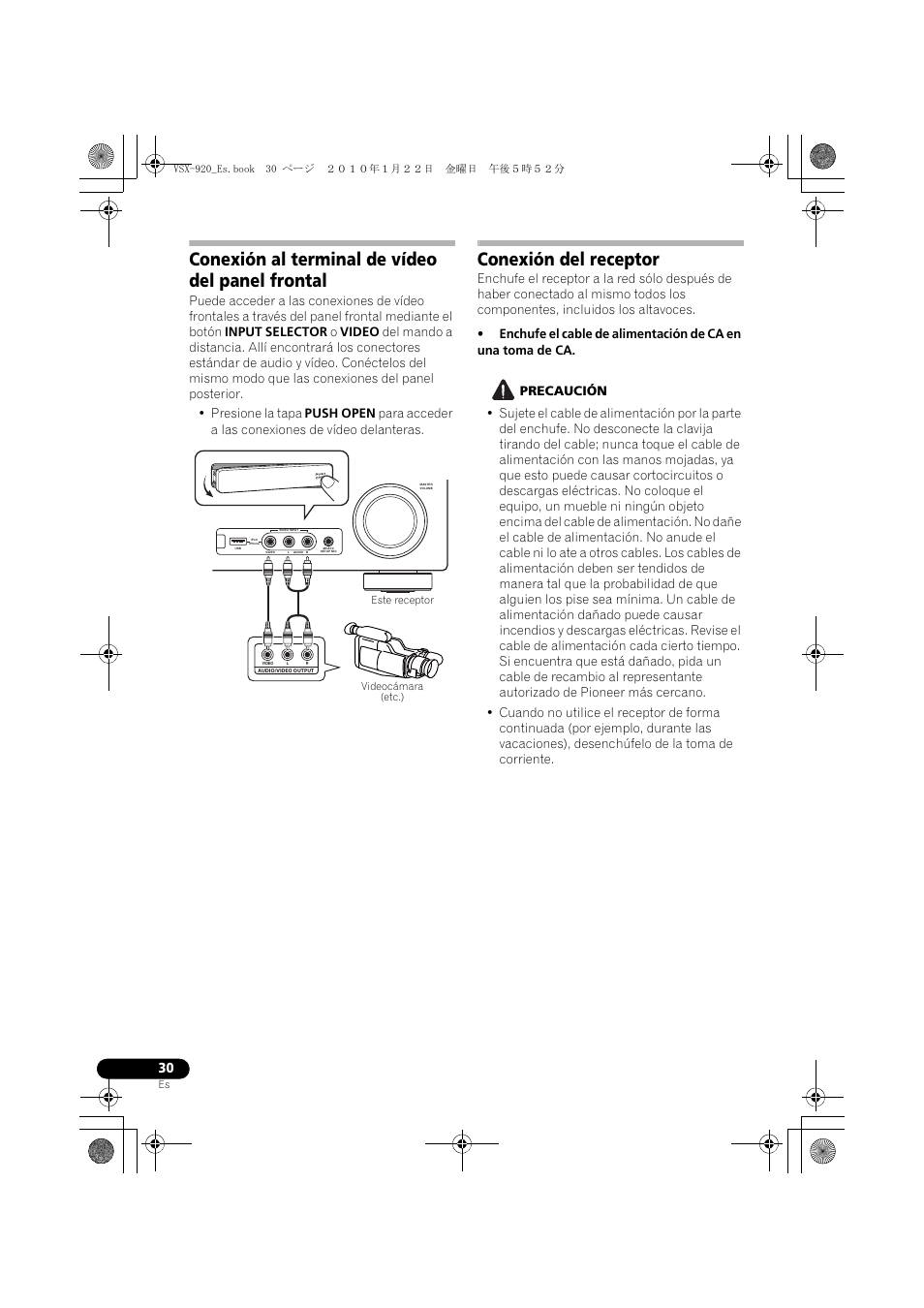 Conexión al terminal de vídeo del panel frontal, Conexión del receptor | Pioneer VSX 920 User Manual | Page 108 / 160
