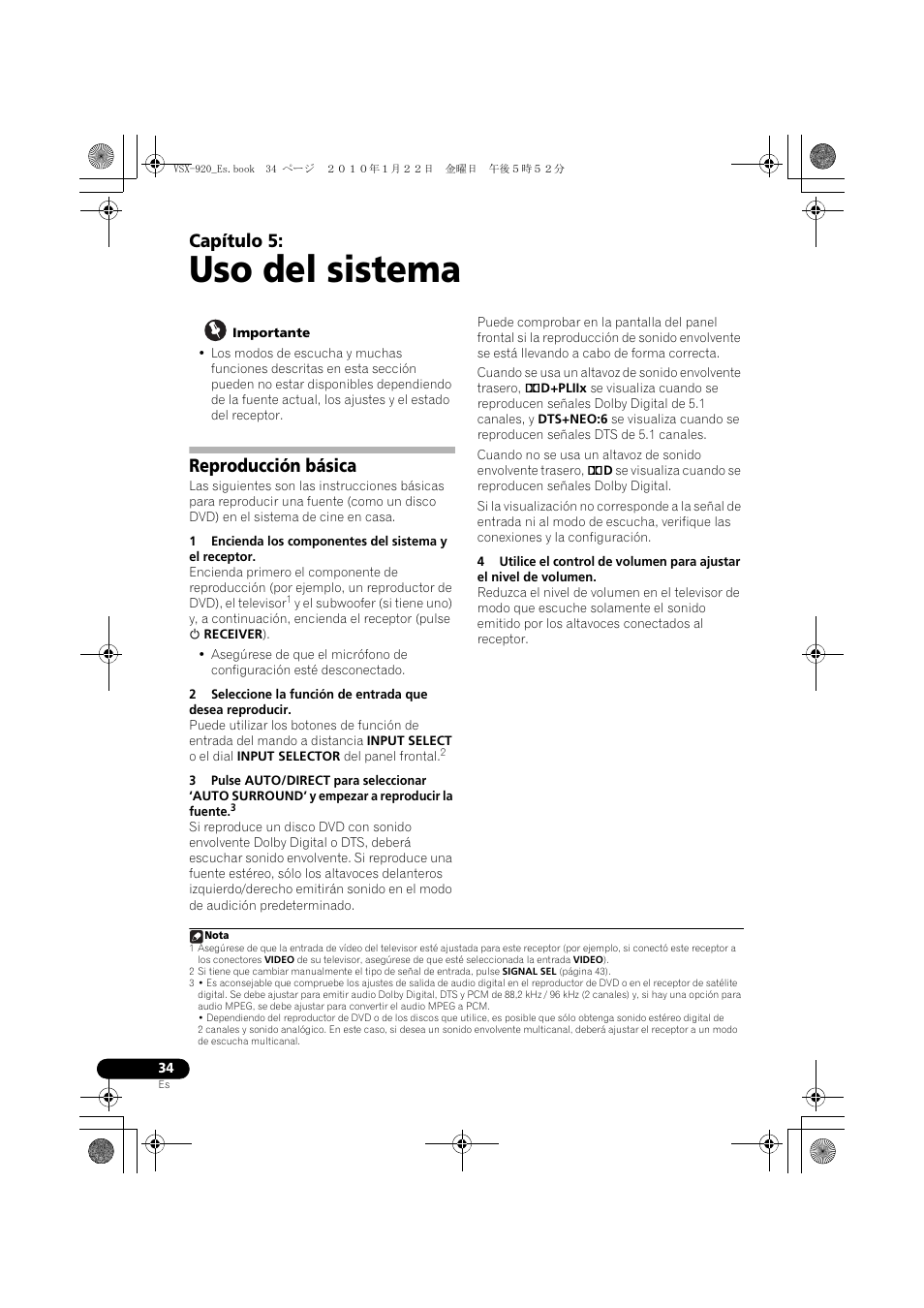 Uso del sistema, Reproducción básica, 05 uso del sistema | Capítulo 5 | Pioneer VSX 920 User Manual | Page 112 / 160