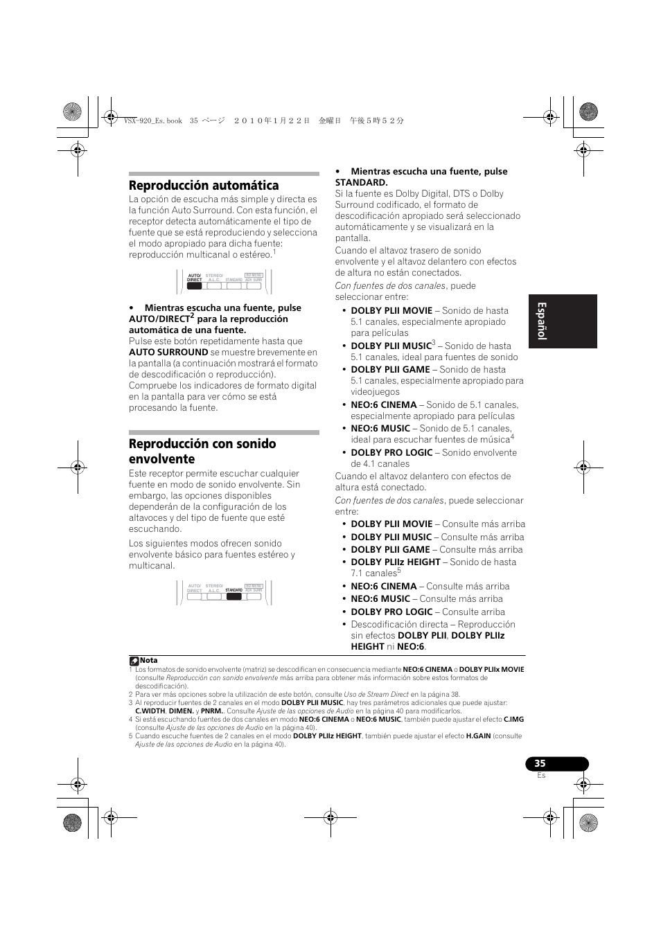 Reproducción automática, Reproducción con sonido envolvente, English español | Pioneer VSX 920 User Manual | Page 113 / 160