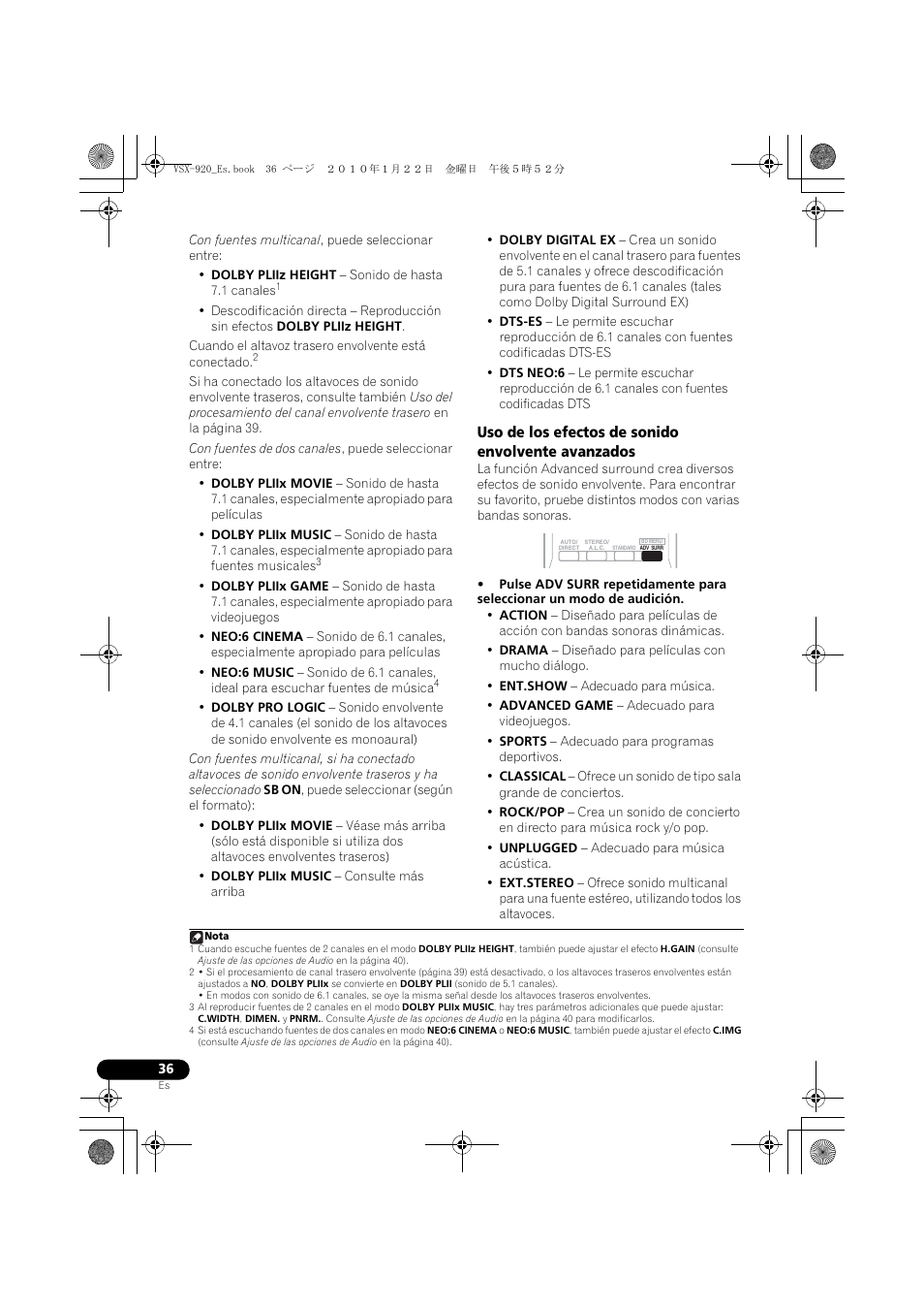 Uso de los efectos de sonido envolvente avanzados | Pioneer VSX 920 User Manual | Page 114 / 160