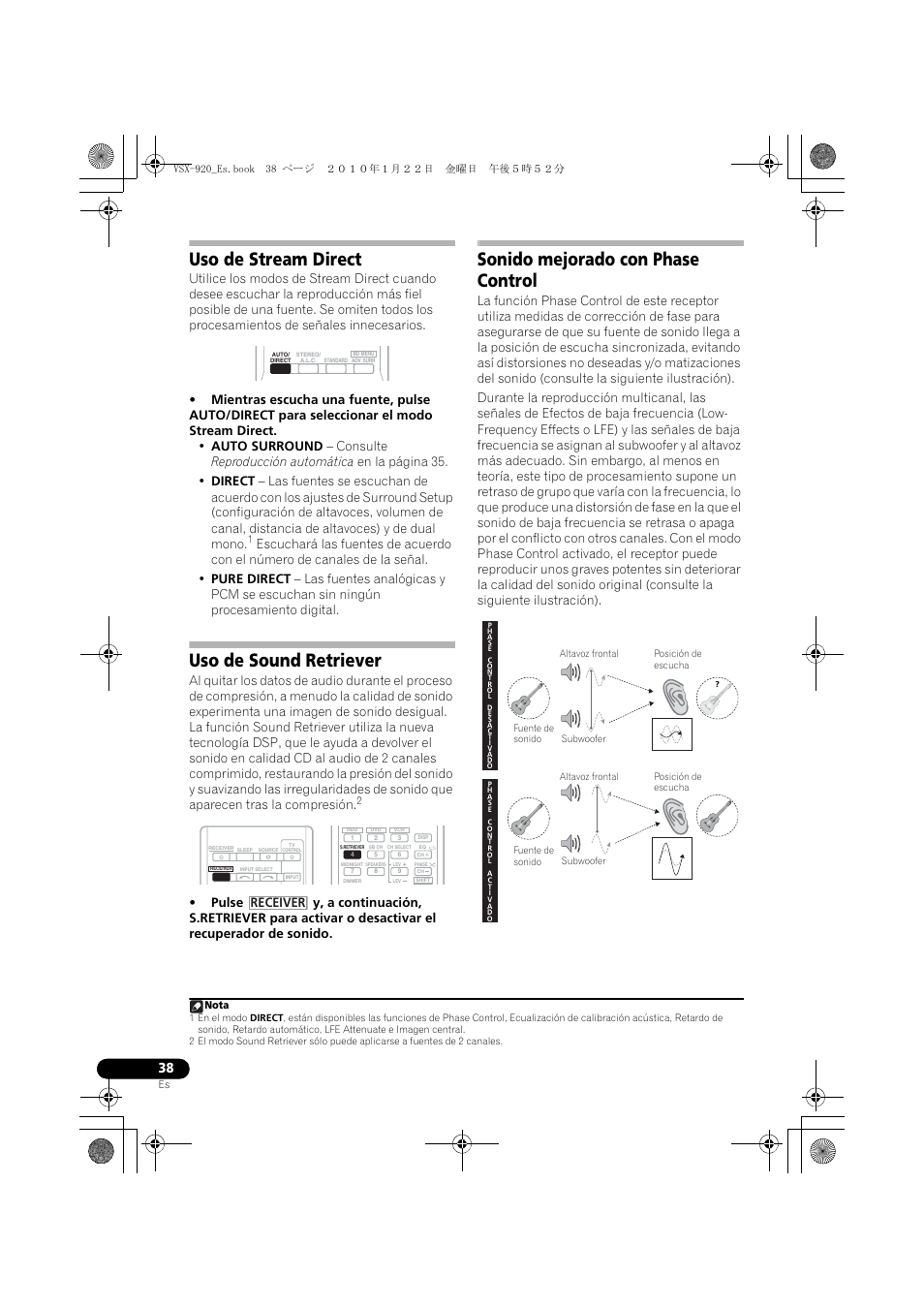 Uso de stream direct, Uso de sound retriever, Sonido mejorado con phase control | Receiver | Pioneer VSX 920 User Manual | Page 116 / 160