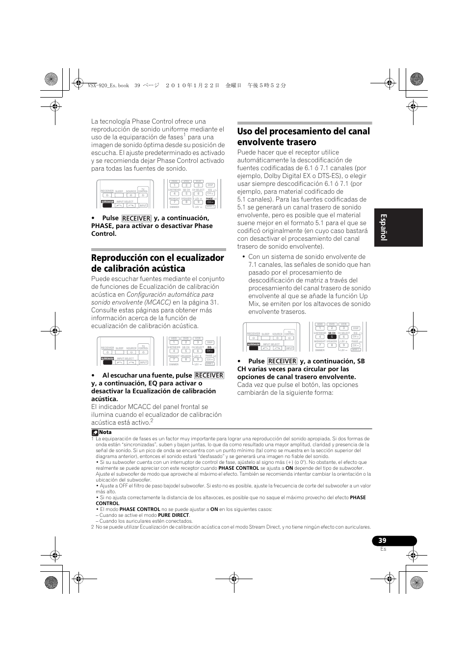 Uso del procesamiento del canal envolvente trasero, English español, Receiver | Nota | Pioneer VSX 920 User Manual | Page 117 / 160