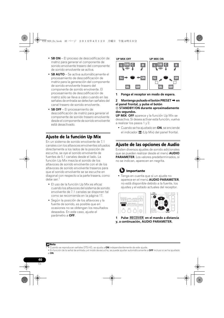 Ajuste de la función up mix, Ajuste de las opciones de audio | Pioneer VSX 920 User Manual | Page 118 / 160