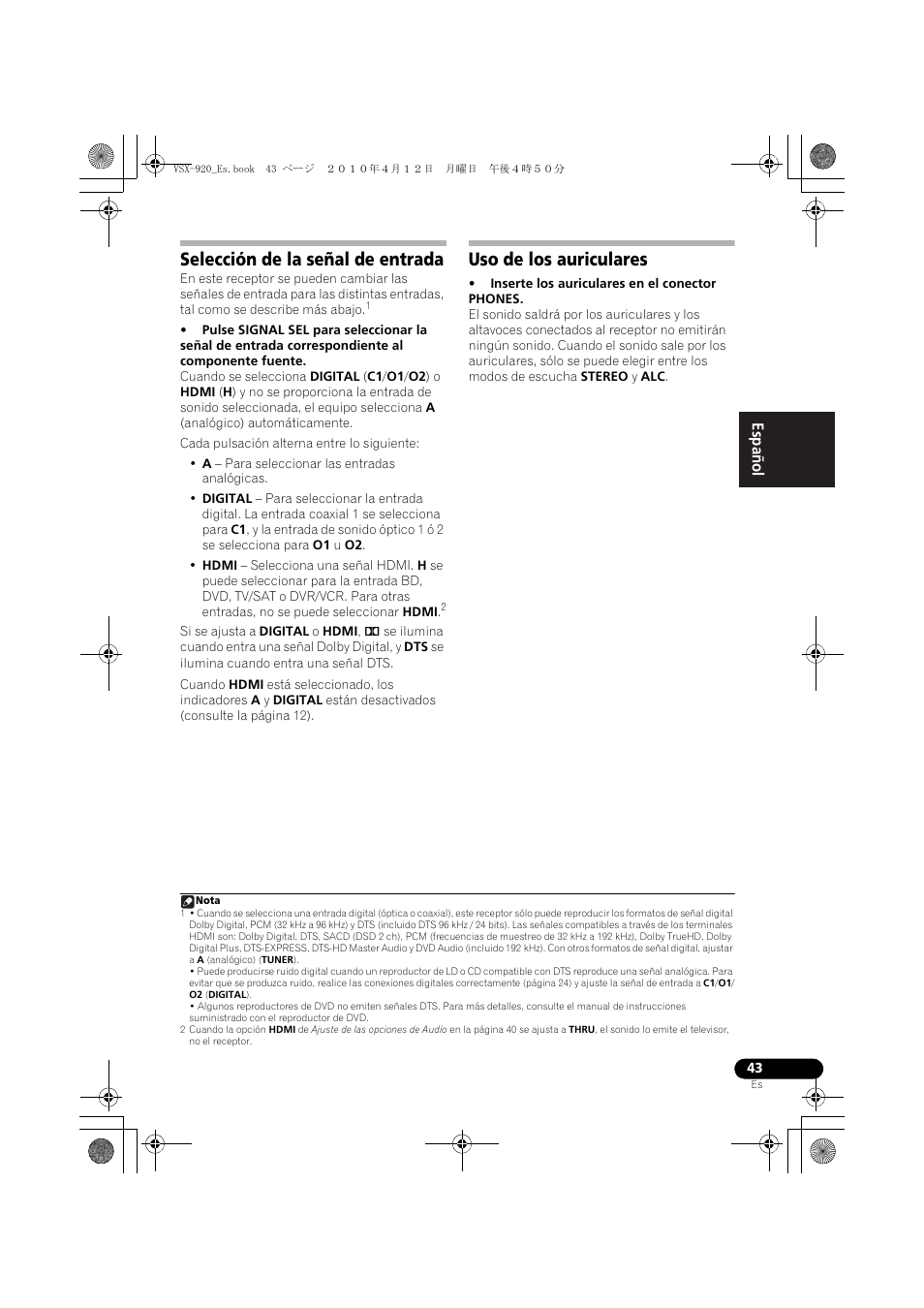 Selección de la señal de entrada, Uso de los auriculares | Pioneer VSX 920 User Manual | Page 121 / 160