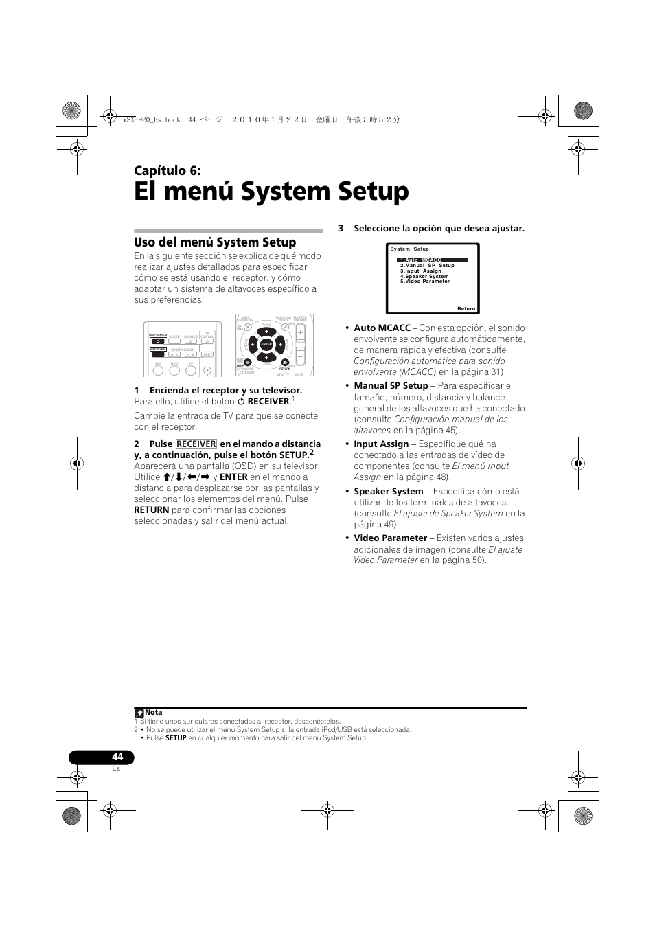 El menú system setup, Uso del menú system setup, 06 el menú system setup | Capítulo 6, Receiver | Pioneer VSX 920 User Manual | Page 122 / 160