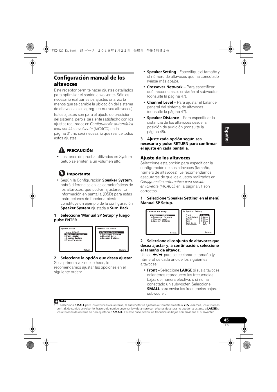 Configuración manual de los altavoces, Ajuste de los altavoces, English español | Pioneer VSX 920 User Manual | Page 123 / 160