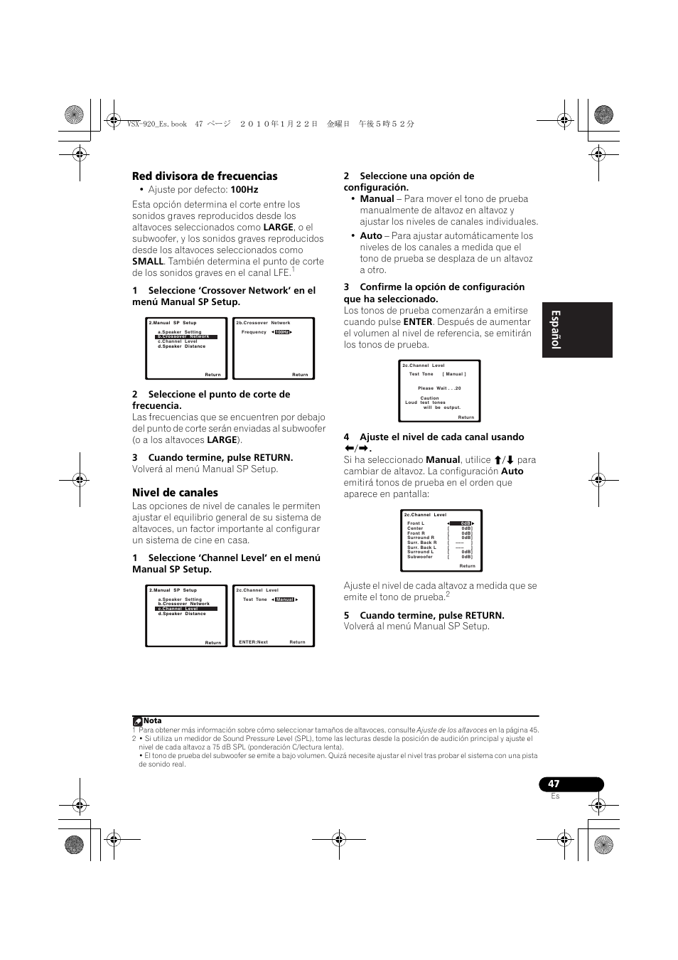 Red divisora de frecuencias, Nivel de canales, English español | Pioneer VSX 920 User Manual | Page 125 / 160