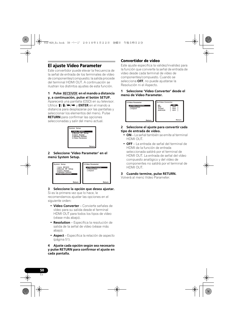 El ajuste video parameter, Convertidor de vídeo | Pioneer VSX 920 User Manual | Page 128 / 160