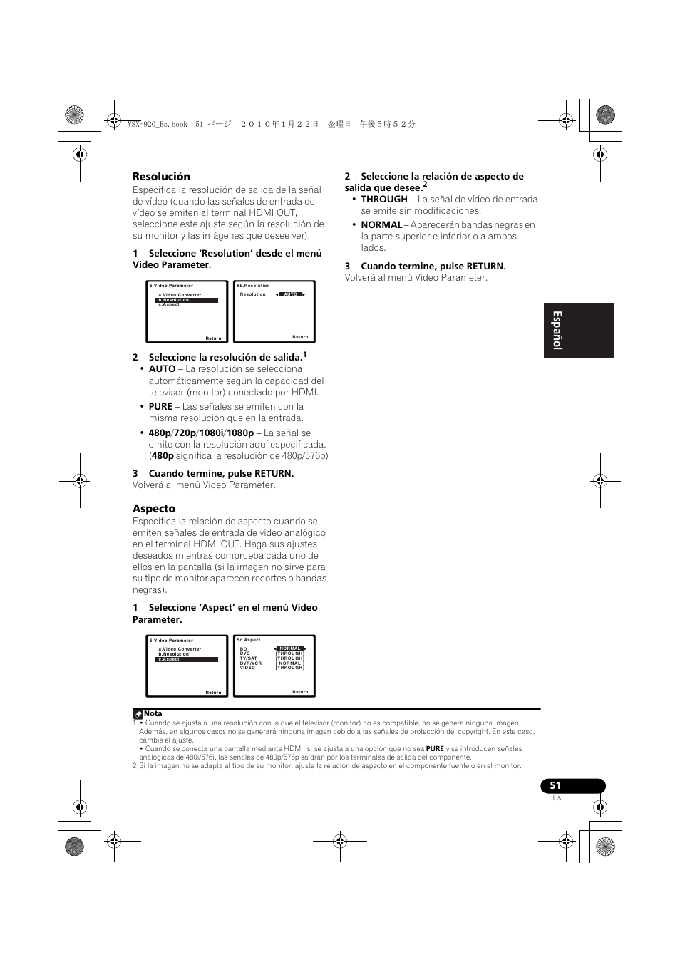 Resolución, Aspecto, English español | Pioneer VSX 920 User Manual | Page 129 / 160