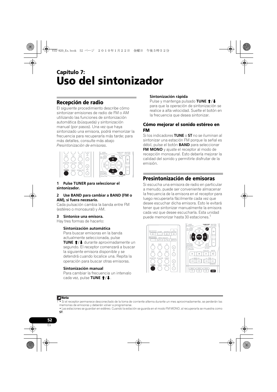 Uso del sintonizador, Recepción de radio, Cómo mejorar el sonido estéreo en fm | Presintonización de emisoras, 07 uso del sintonizador, Capítulo 7, Nota | Pioneer VSX 920 User Manual | Page 130 / 160