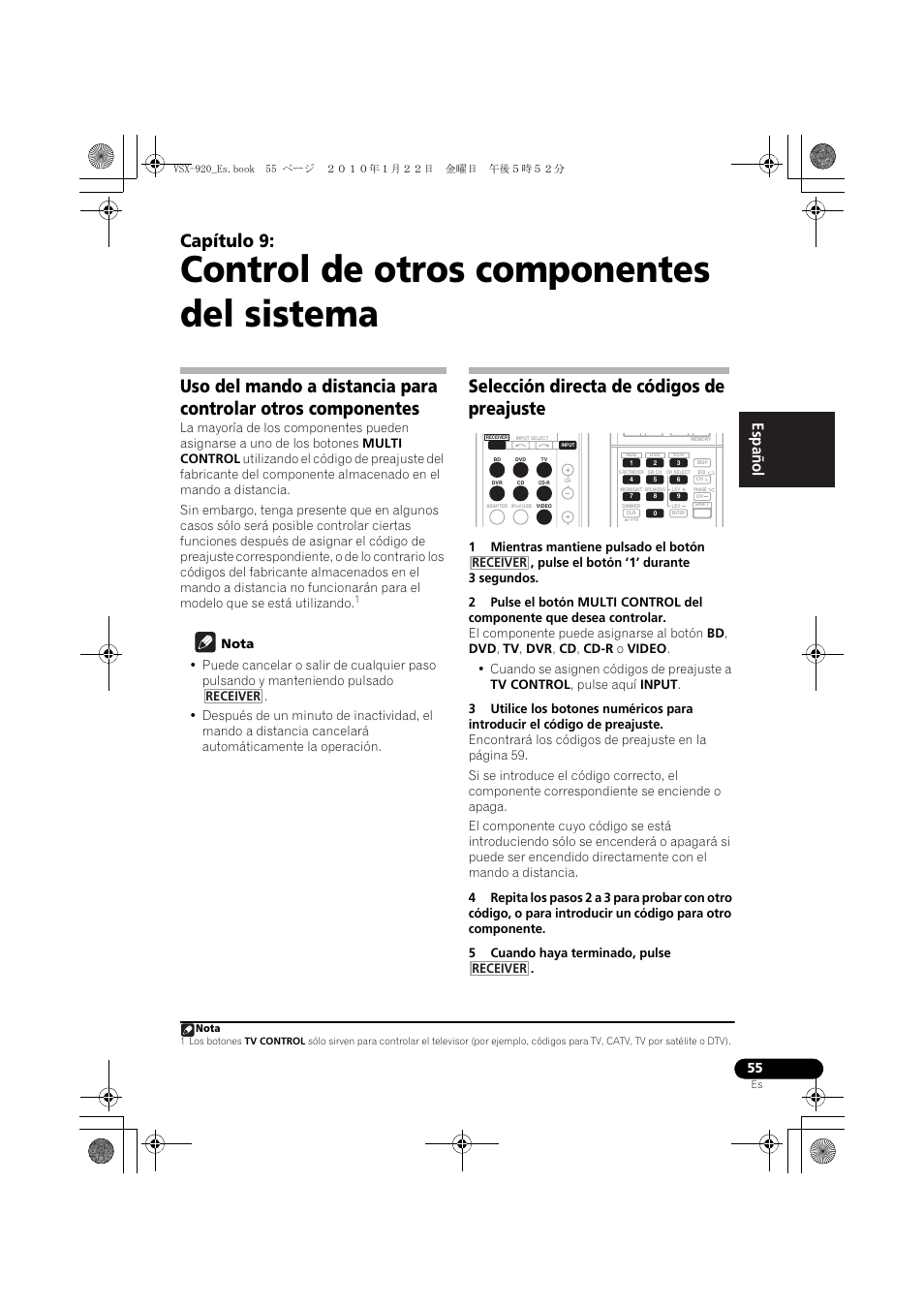 Control de otros componentes del sistema, Selección directa de códigos de preajuste, 09 control de otros componentes del sistema | Capítulo 9, English español | Pioneer VSX 920 User Manual | Page 133 / 160