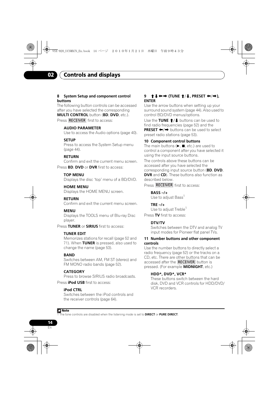 Controls and displays 02 | Pioneer VSX 920 User Manual | Page 14 / 160