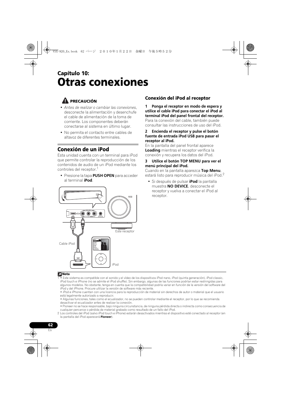 Otras conexiones, Conexión de un ipod, Conexión del ipod al receptor | 10 otras conexiones, Capítulo 10 | Pioneer VSX 920 User Manual | Page 140 / 160